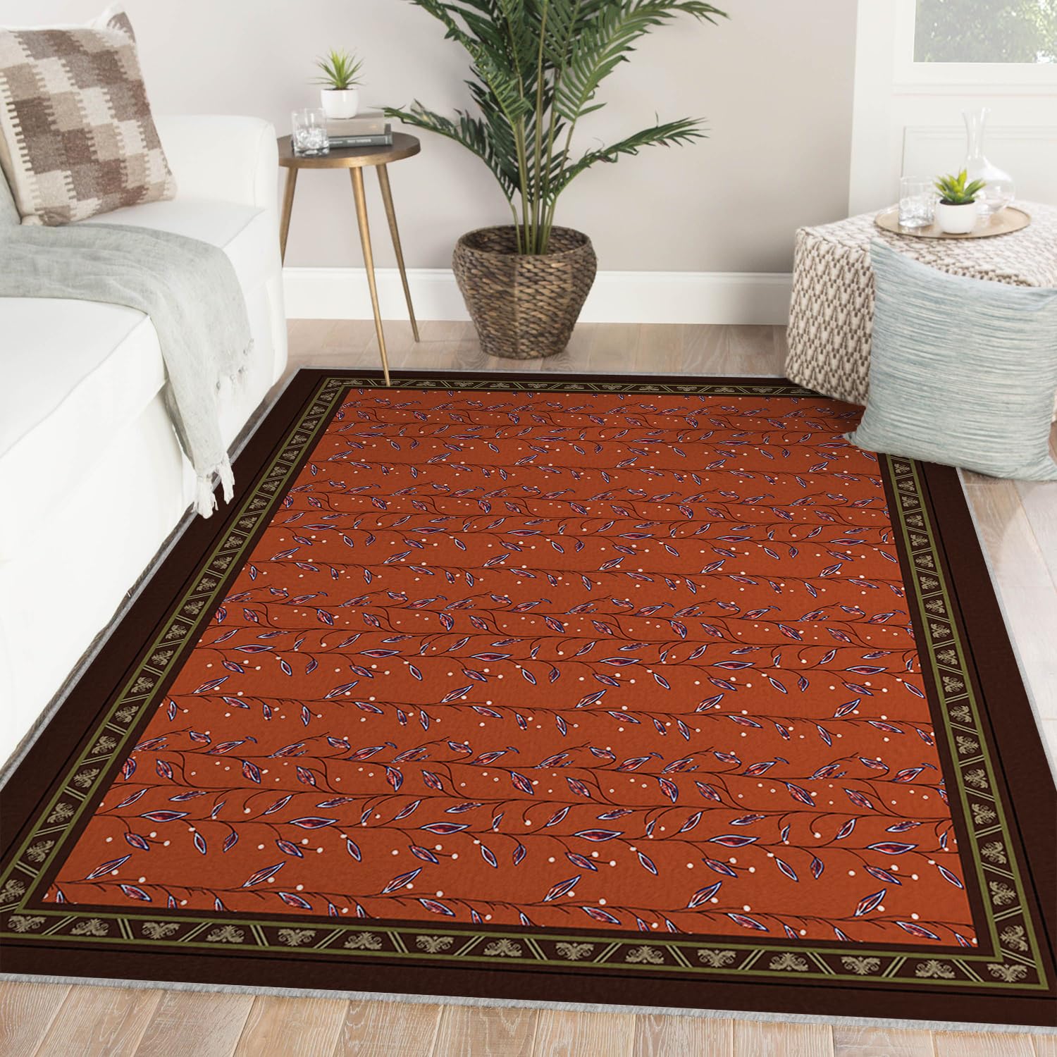 Tapis orange foncé 80x150cm à motif feuilles de vigne minimaliste et lavable pour la chambre