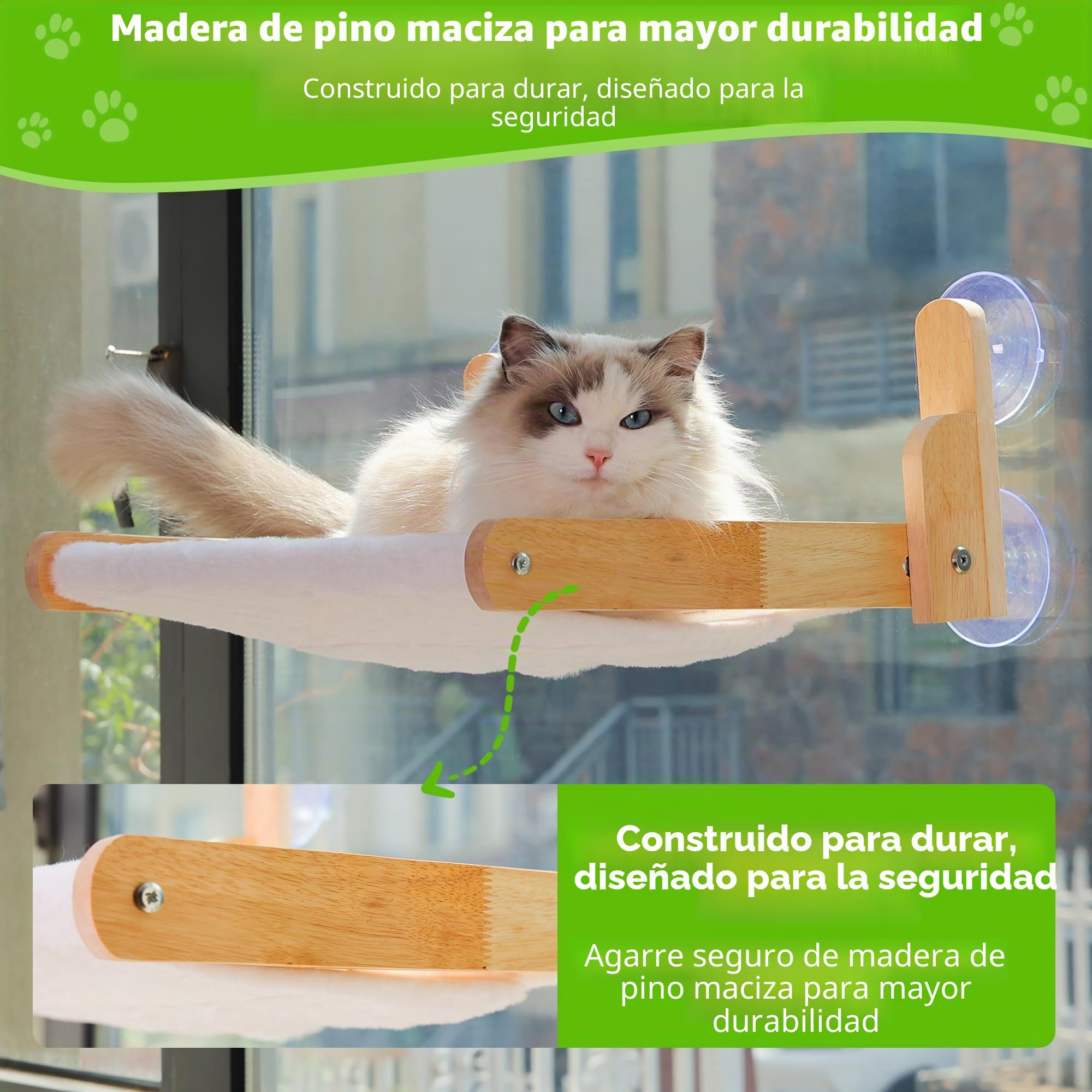 Percha de ventana para gatos con marco de madera - Cama plegable para gatos de interior, cubierta de piel de conejo suave, lavable, ventosas fuertes, sin taladrar, soporta gatos grandes