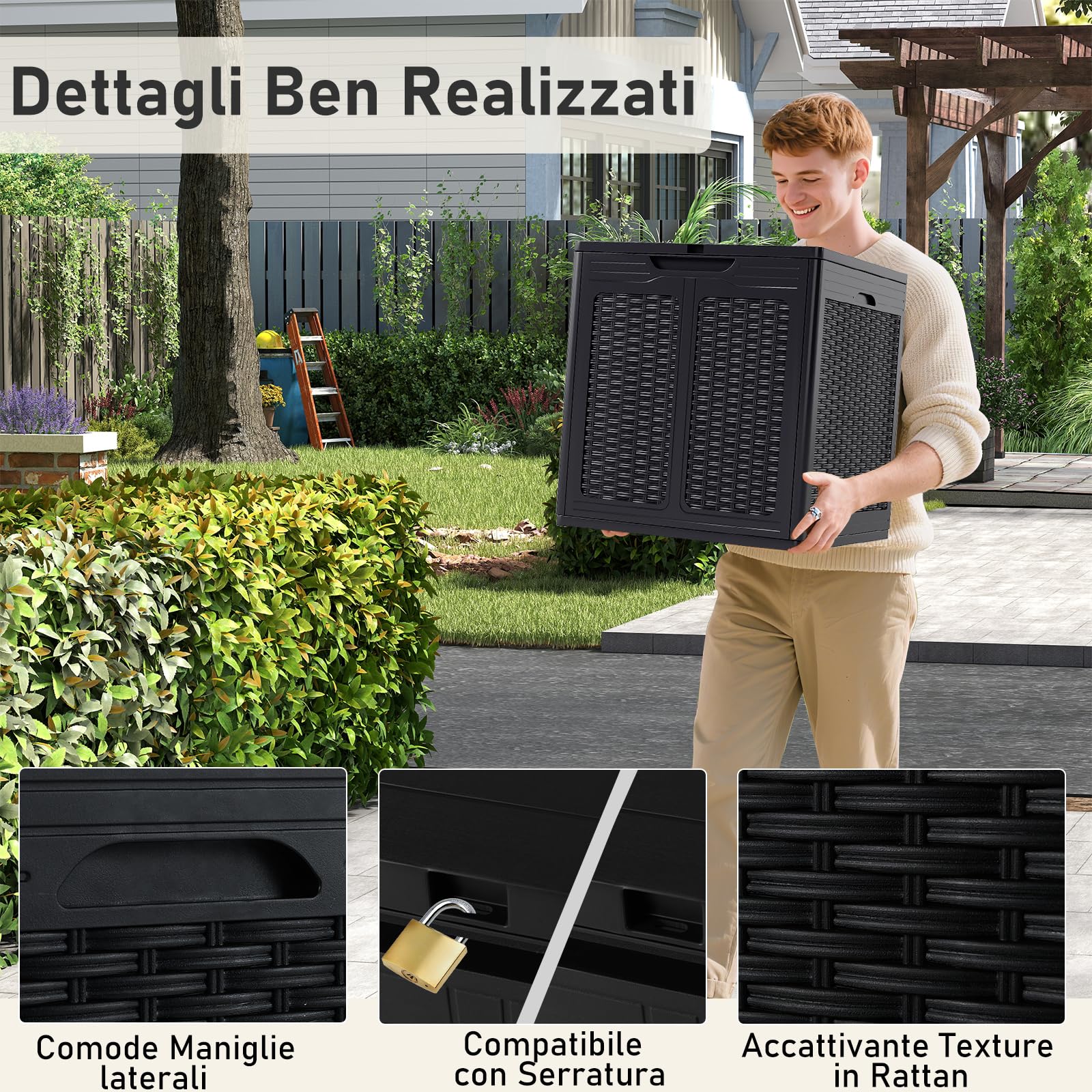 RELAX4LIFE 145 L Cassapanca Baule da Esterno in Rattan, in PP Impermeabile con Coperchio Bloccatore, Maniglie Laterali, Cassa per Conservazione Patio per Pacchi, Attrezzi, Cuscini (NERO)