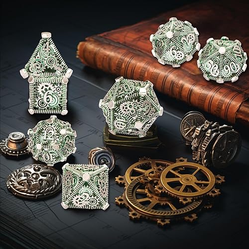 Miniatura 5 de DND - Juego de dados de metal, UBEUCK 7 piezas de dados de metal DND para cajas de juegos de mesa de Calabozos y Dragones (verde engranaje)