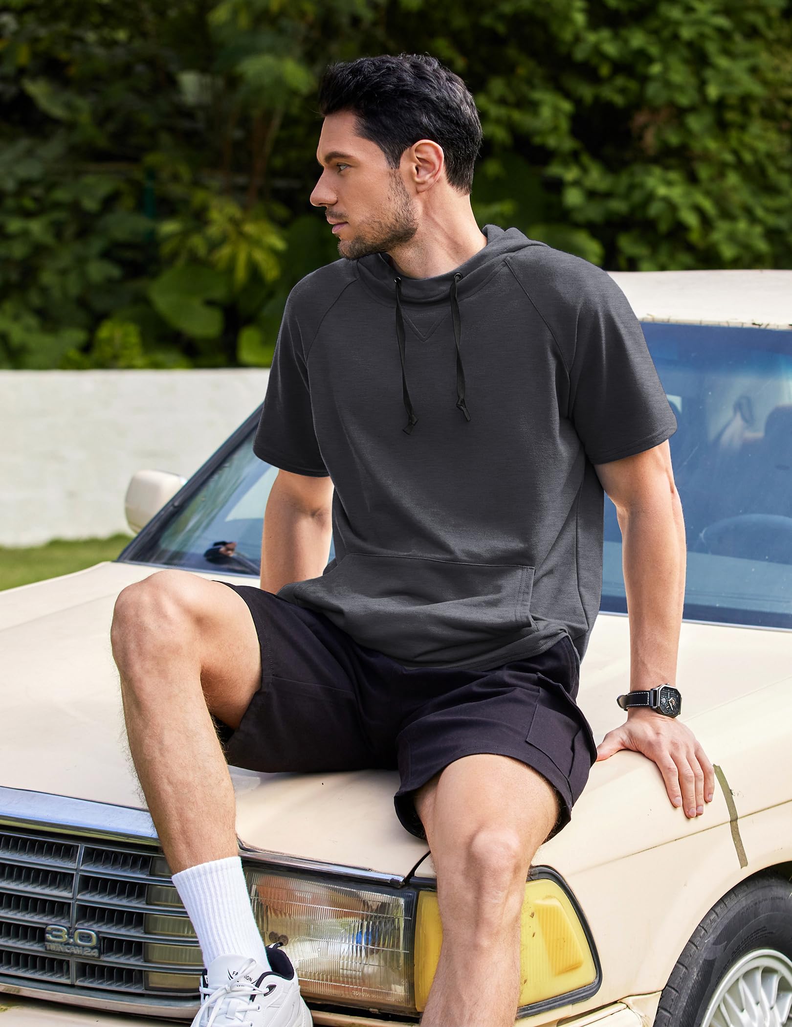 COOFANDY Felpa Uomo con Cappuccio Manica Corta Hoodie Oversize Leggero per Palestra e Tempo Libero T-Shirt Sportiva con Tasca a Marsupio