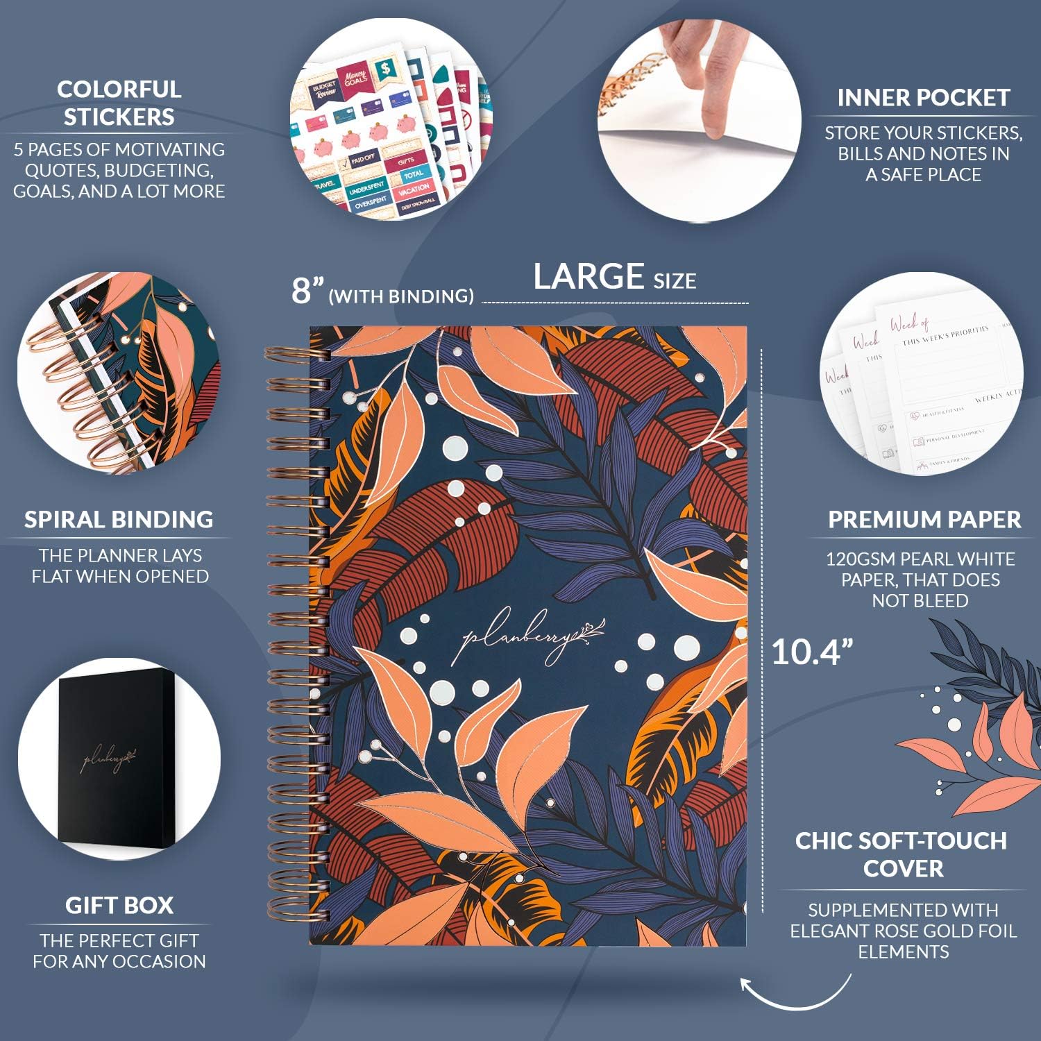 PLANBERRY Large Weekly Planner Premium – Undated Life & Budget Planner – Organizer & Productivity Journal, 8x10.4″ (Tropical Night)