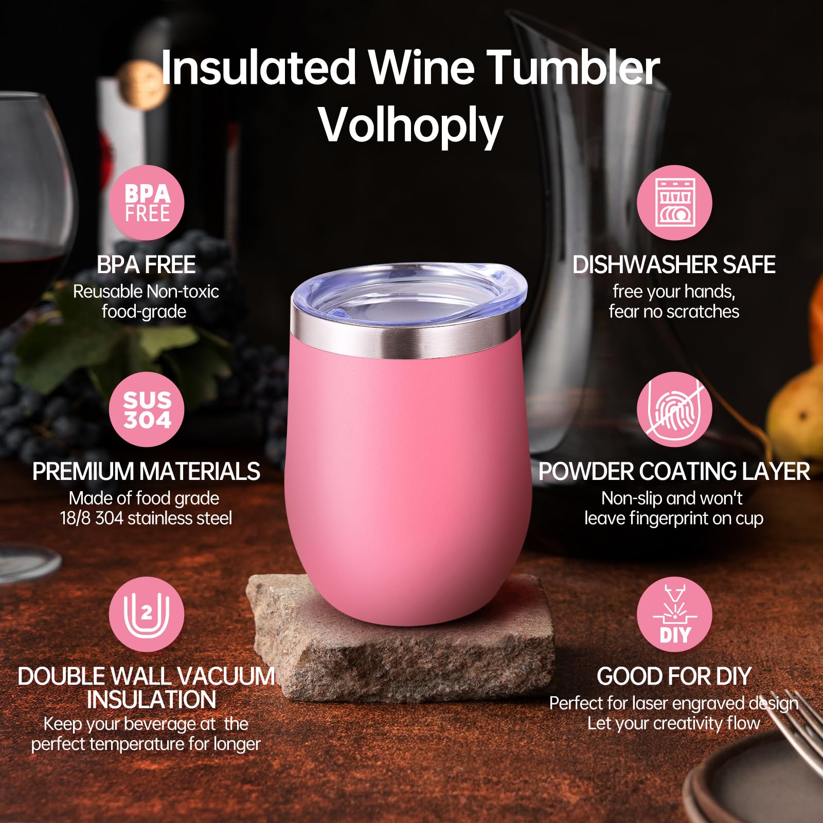 Volhoply 12oz Stainless Steel Wine Tumbler with Lid and Straw,350ml Double Wall Vacuum Insulated Stemless Wine Glasses,Travel Coffee Mug for Cold Drinks,Tumblers Gifts for Women Men(Pink,1 Set) - Image 3