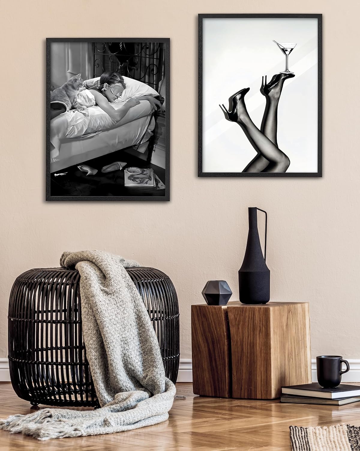 EcoHest 16x20in Black Solid Oak Wood Framed Wall Art, Audrey Hepburn Wall Art Sleeping Black and White Print, Classic Hollywood Retro Canvas with Woman and Cat, Bedroom Wall Art Decor, 1Pack