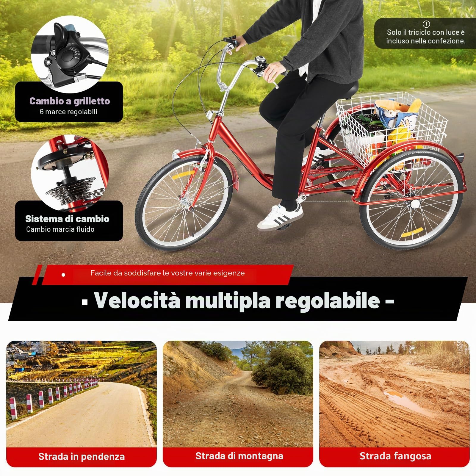 Triciclo da 24 pollici, per adulti, 6 marce, con cestino per la spesa, cuscino per bicicletta, schienale triciclo, 3 ruote, per adulti, City Tricycle, per viaggi, attività all'aperto, colore rosso