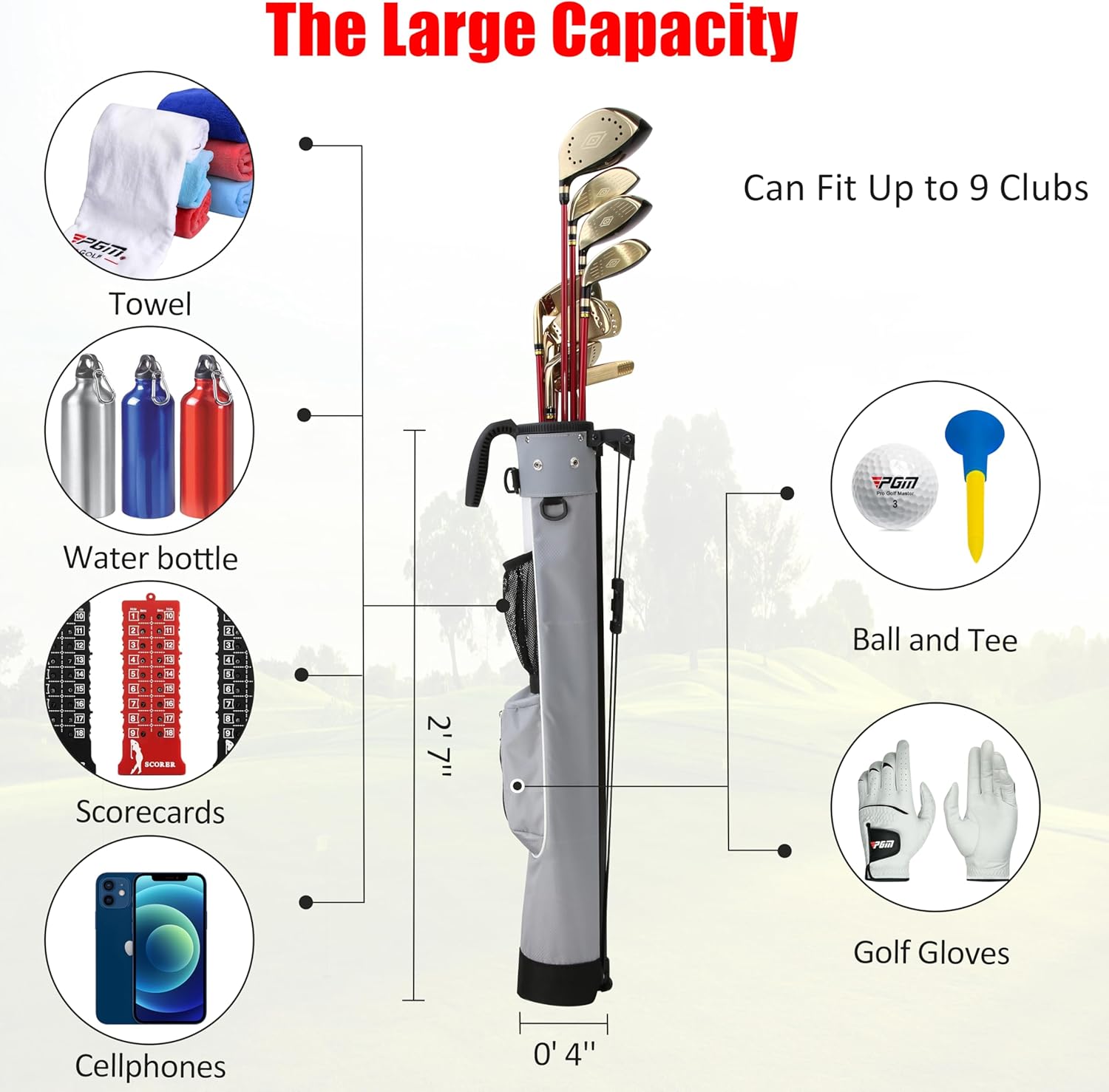 PGM Sunday Golf Bag with Stand and Strap - Ultra-Lightweight Pitch and Putt Carry Bag Holds Up to 9 Clubs - Waterproof Driving Range Travel Bag for Par 3 & Executive Courses