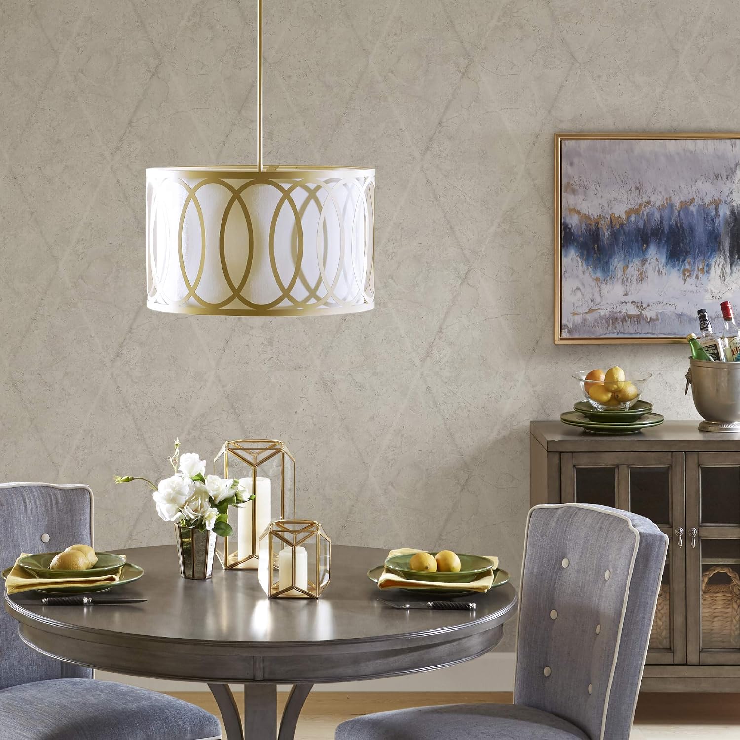 Blасk Frіdау - 80% оƒƒ Hampton Hill Masonic Modern Pendant Lighting - White Fabric Shades Gold Accent Single Light Chandelier Ceiling Dining Lighting Fixtures Hanging, Gold 1 PC Semi-Flush Mount Lighting Set