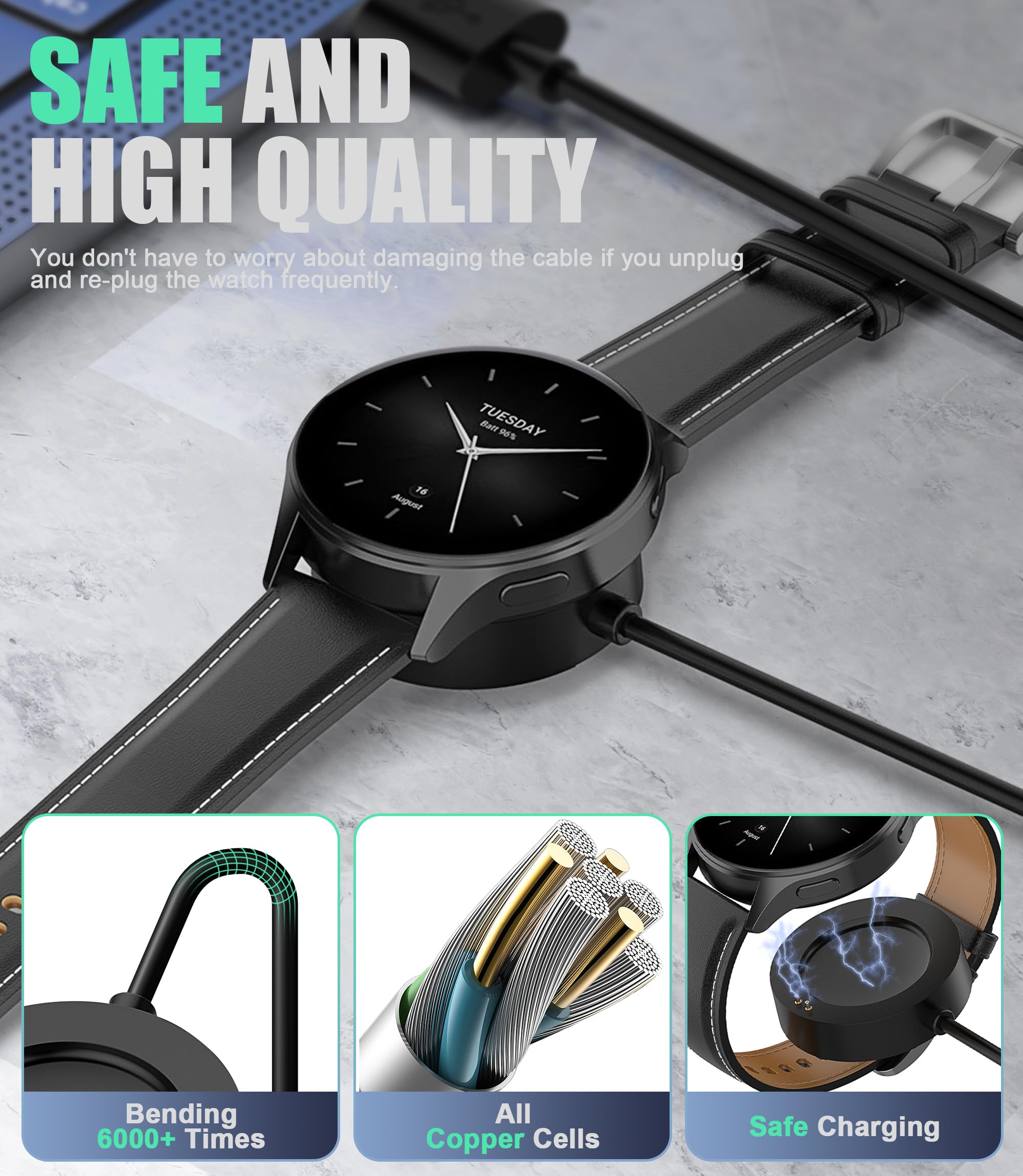 Kabel do ładowania kompatybilny z Xiaomi Watch S5/5/S4/S3/S2 | Kompatybilny z Xiaomi Watch S5/5/S4/S3/S2/2 Pro/2/H1-1 m, kabel z magnesem, czarny/biały, 2 sztuki