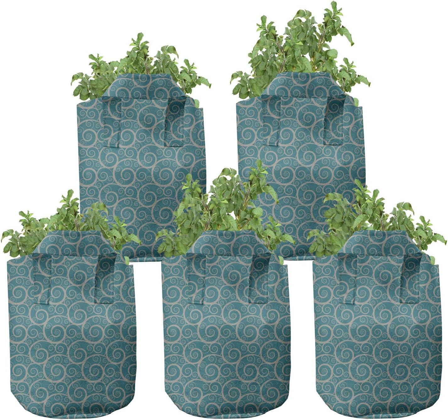 Lunarable Wave Grow Bags 5-Pack, Floral Curly Lines Spirals, Heavyduty Fabric Pots with Handles for Plants, 7 Gallon, Pale Taupe and Teal