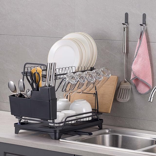 Yeelida Dish Drying Rack,2 Tier Stainless Steel Black Large Drying Rack for Kitchen Counter,Rust-Proof Automatic Draining Dish Rack with Utensil Holder,Cup Holder,Cutting Board Holder,Two Hooks