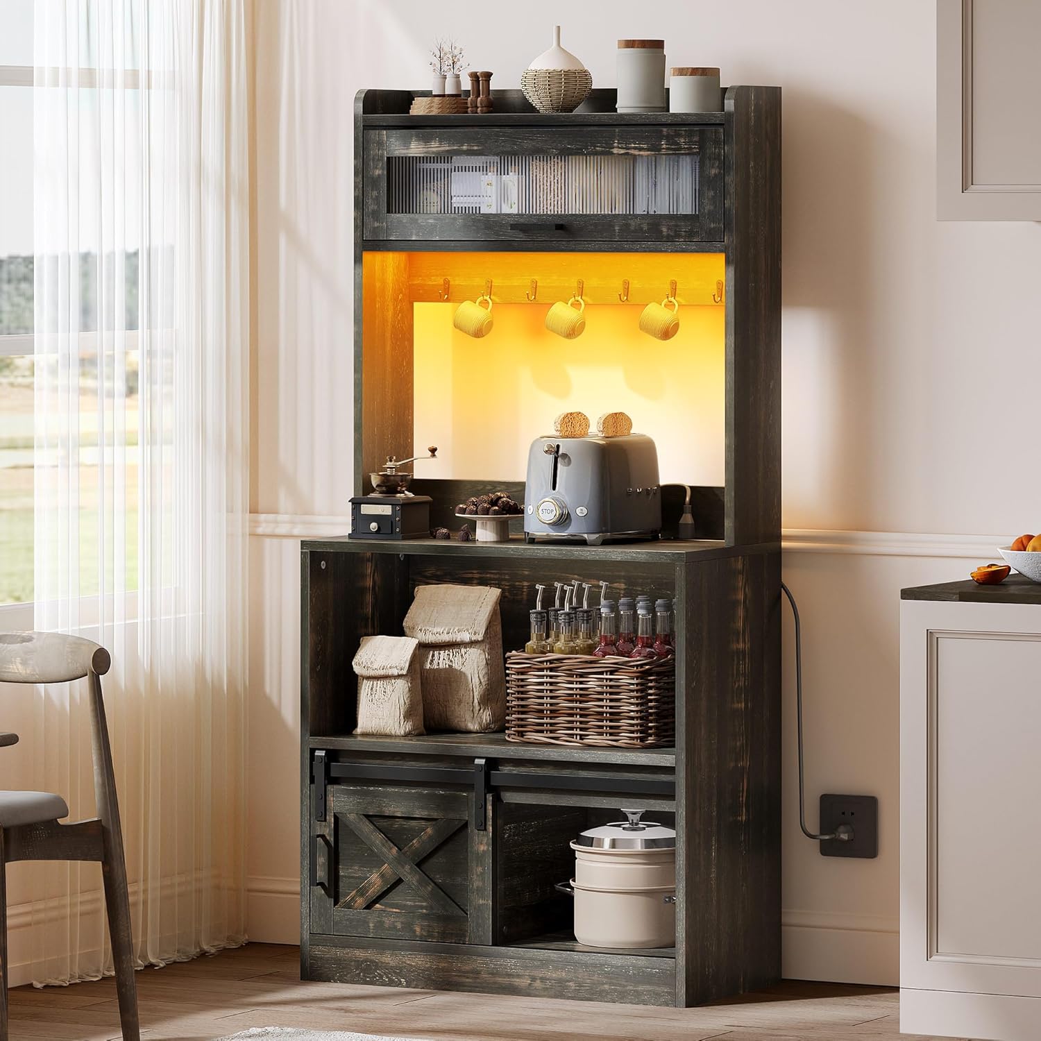 DWVO Bakers Rack with Power Outlet and Storage Cabinet, 5-Tier Farmhouse Kitchen Microwave Stand with LED Lights,Heavy Duty Coffee Bar Table Station with 7 Hooks for Dining Living Room, Black Brown