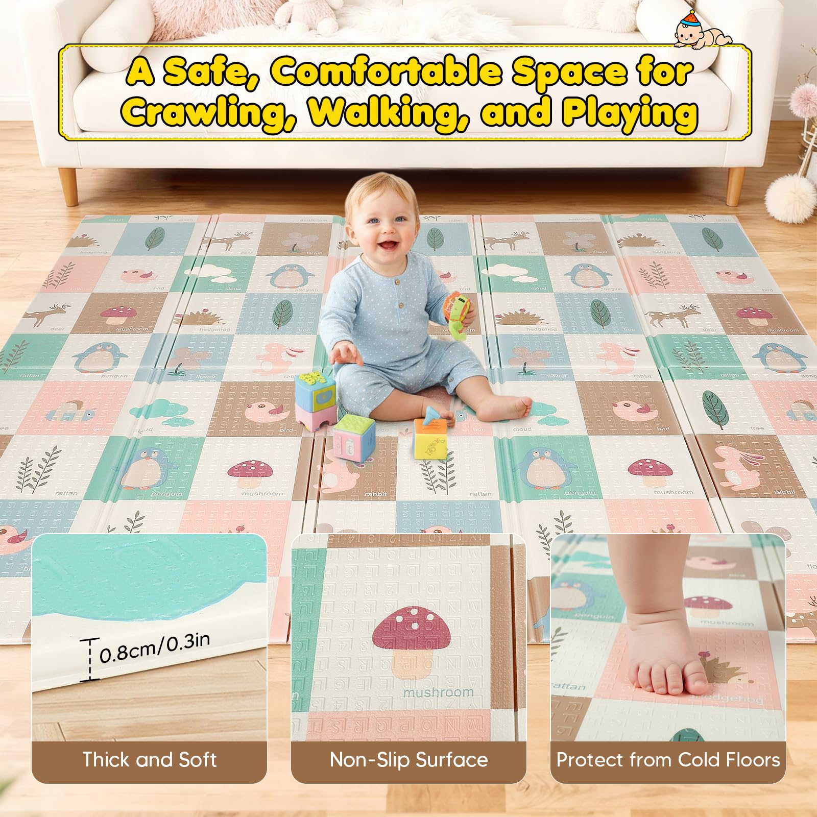 Krabbelmatte Baby XXL 195 x 176 cm, Spielmatte Baby faltbar, wasserdicht