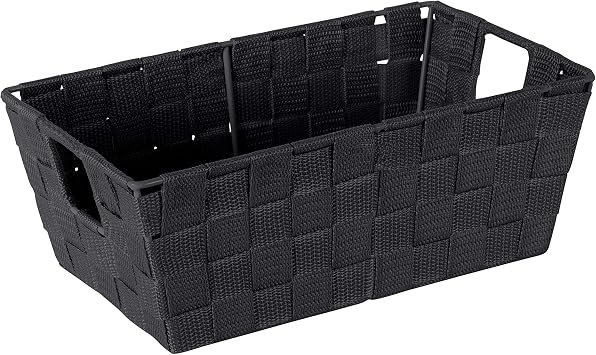 Simplify Small Shelf Woven Strap Tote | Decorative Storage Basket | Built in Handles | Organization | Closet | Bedroom | Bathroom | Nursery | Accessories | Toys | Gifts | 1 Pack | Black