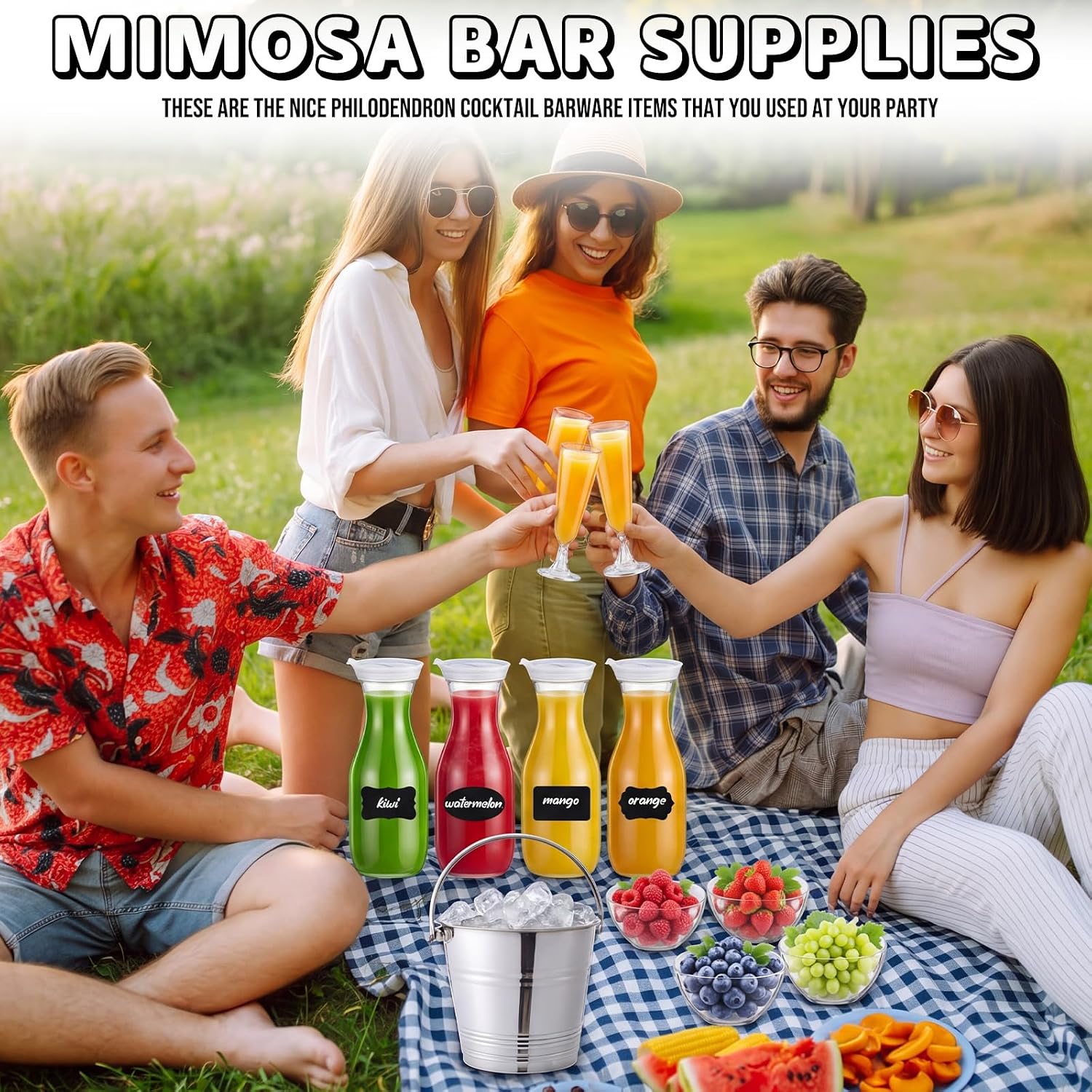 64 Pcs Mimosa Bar Supplies 34 oz Plastic Carafe Juice Bottle with Lids Champagne Flutes Ice Bucket Bowls Tongs Scoop with Toothpicks Stickers Hibiscus Cup Set for Water Milk Beer(Clear)