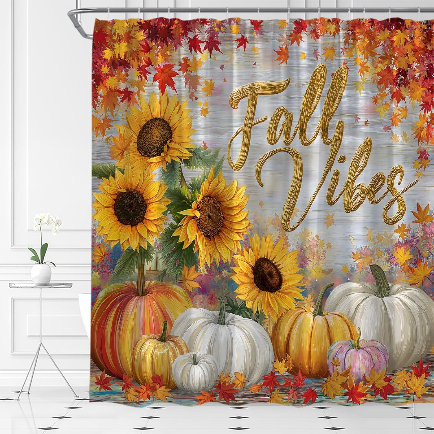 Fall Shower Curtain Autumn Pumpkin Sunflower Maple Leaves Thanksgiving Rustic Farmhouse Harvest Seasonal Watercolor Modern Bathroom Curtain Fabric with Hooks(90" Wx70 H)
