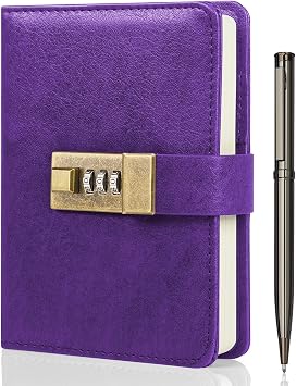 WEMATE Journal with Lock, A6 PU Leather Diary with Lock 192 Pages, Locks Journal Password Notebook with Pen, Locking Diary for Men and Women 4.3X 6.18in Purple