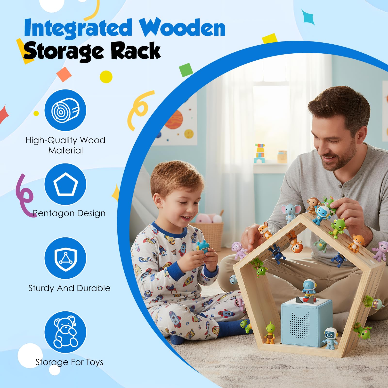 Luqixcey Hexagon Tonie Regal für Toniebox – Magnetisches Toniebox Regal Wabenform für 68 Figuren, 46x42cm Holz Wandregal Kinderzimmer, Schweberegal zum Aufhängen oder Hinstellen