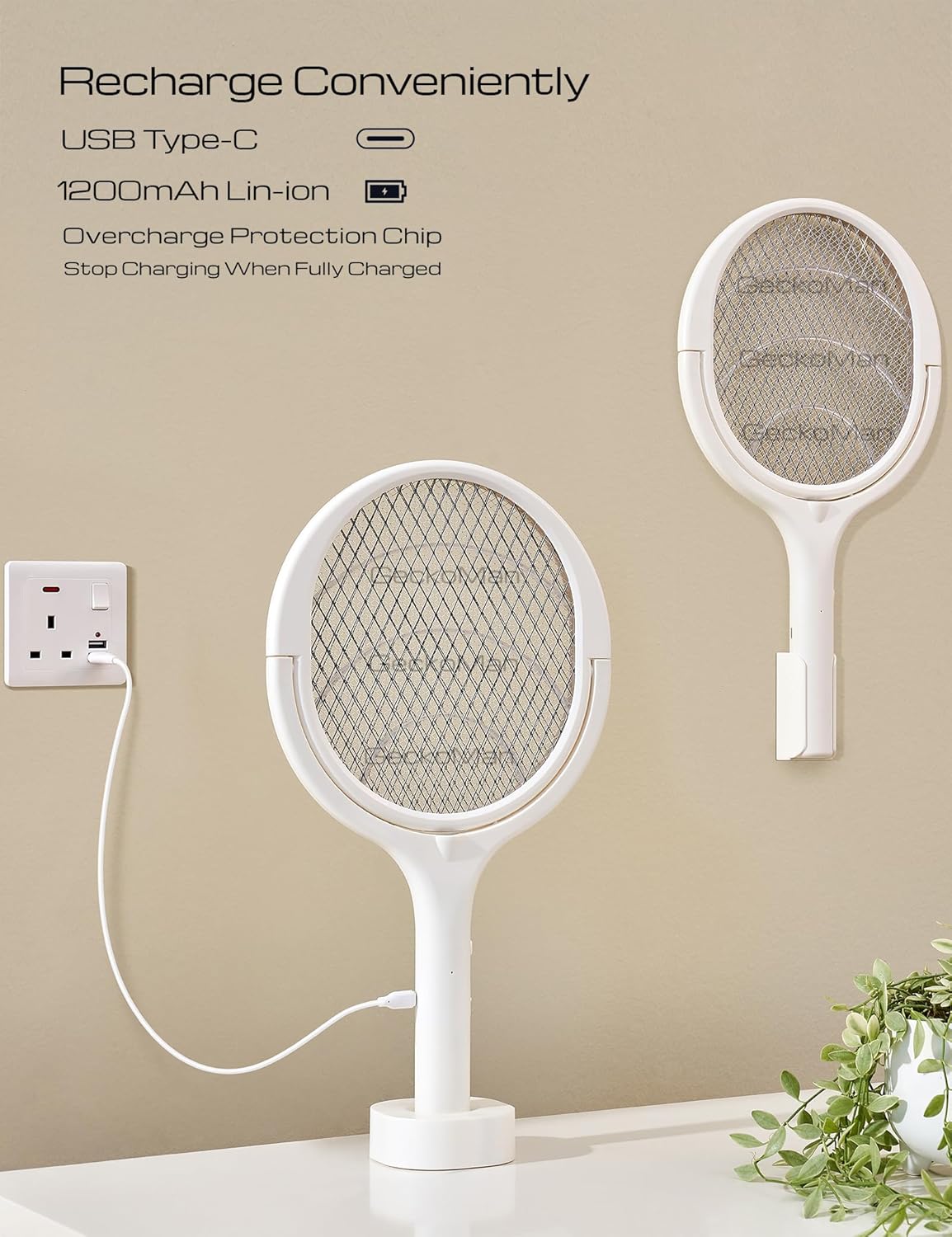 GeckoMan Electric Fly Swatter Racket charging via USB-C