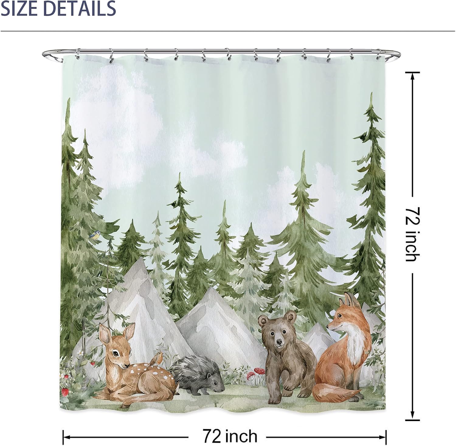 Forest Woodland Kids Shower Curtain - Animal Baby Boys Shower Curtain for Bathroom - Tree Nursery Cute Cartoon Bear Cabin Fabric Waterproof 72x72 Inch image 3