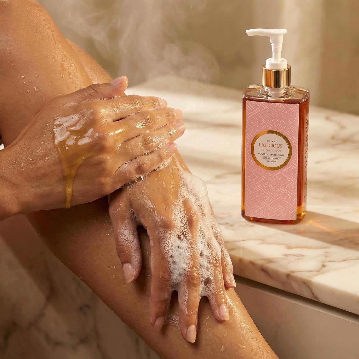 LALICIOUS Sugar Kiss® Shower Oil & Bubble Bath, Moisturizing Body Wash with Topical Probiotics & Grapeseed Oil, Multi-Use Softening Cleanser for Shower, Bath & Shaving, 10 oz