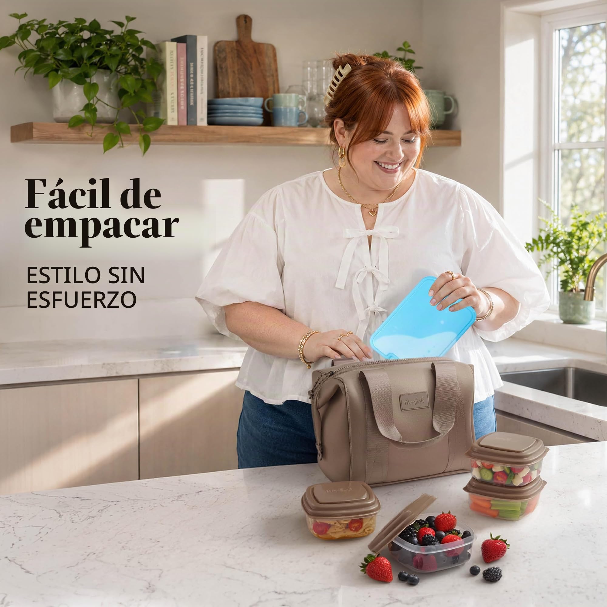 Fit & Fresh Bolsa de almuerzo de neopreno para mujer, bolsa de almuerzo isotérmica para el trabajo, resistente a desgarros y manchas, gran caja de almuerzo para mujer con contenedores y hielo,