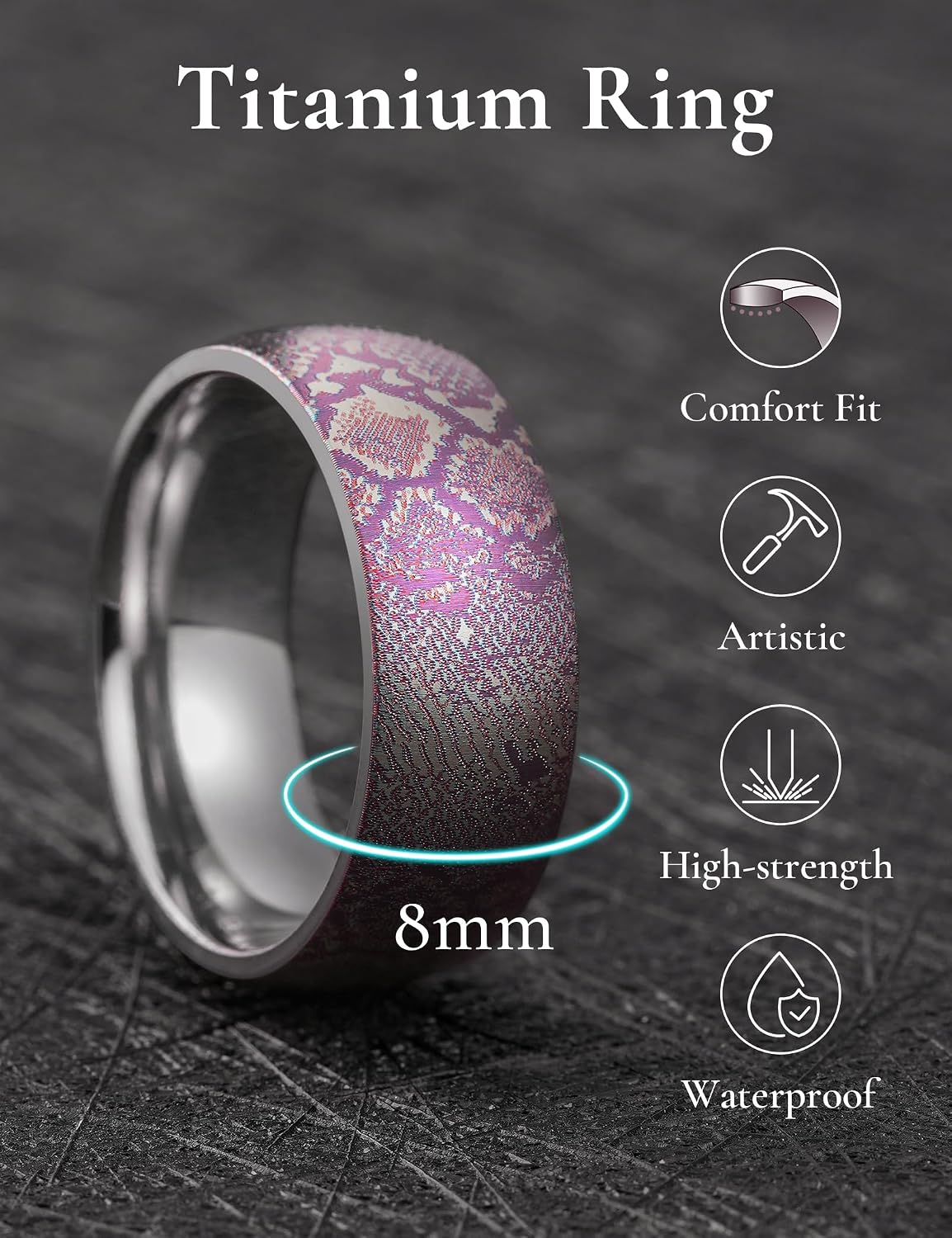 King Will Mens Titanium Wedding Band 8mm Color‑Carving Fashionable Rings