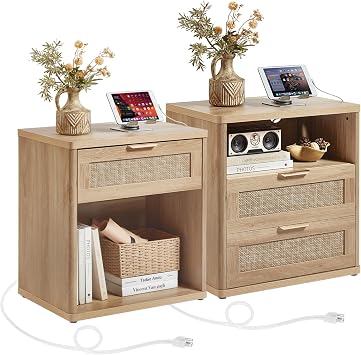 LEYAOYAO Rattan Nightstand Set of 2 with Charging Station, 1 & 2 Drawers Boho Night Stand Dresser for Bedroom, Natural Wood Bedside Table Open Storage Cabinet, Bed Side End Tables, Living Room,Hallway