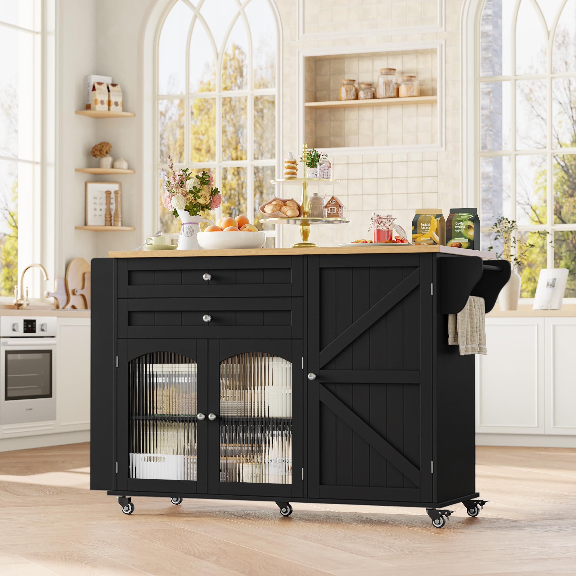 FirFurd Isola Cucina con Piano di Lavoro Pieghevole 132x40x97,5 cm Nero
