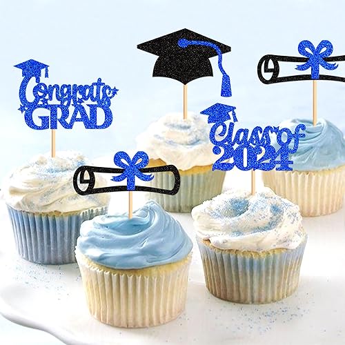 Miniatura 4 de Ercadio Paquete de 24 adornos para cupcakes de graduación 2024 con purpurina azul, para diploma de graduación para la clase de 2024, felicitaciones