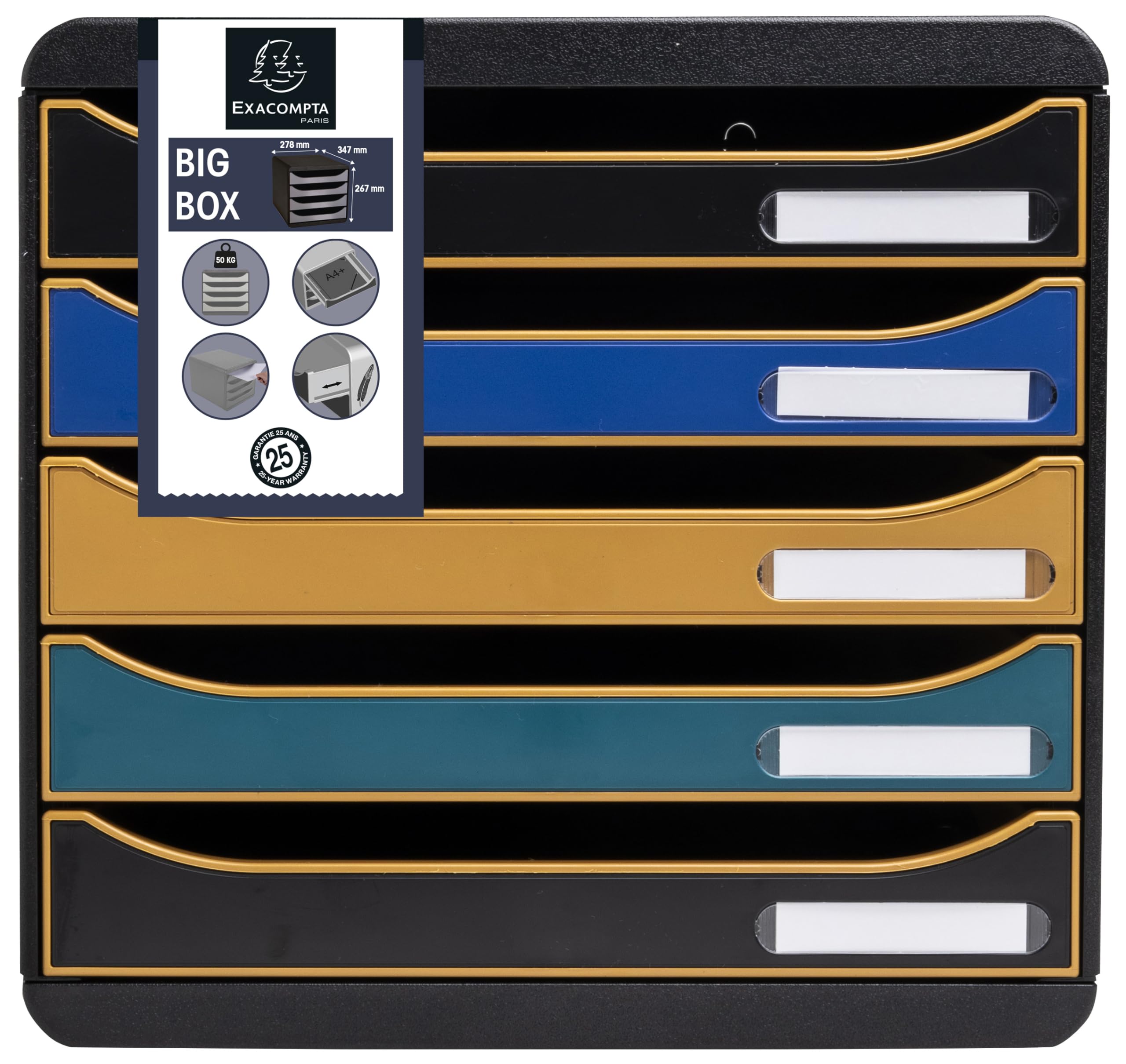 Exacompta - Ref. 309505D - Módulo de clasificación, almacenamiento BIG BOX+ Neo Deco - Caja de 5 cajones para documento A4+ Dimensiones externas. Profundidad: 34,7 x ancho 27,8 x altura 27,1 cm
