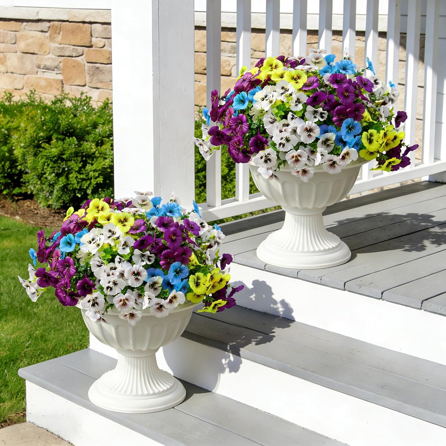 Artificial Fake Flowers for Outdoors Pansy, Spring Flower Decoration for Front Porch Patio Garden Yard Garden Decor, 18 Bundles UV Resistant Silk Faux Outdoor Plants for Hanging Planters