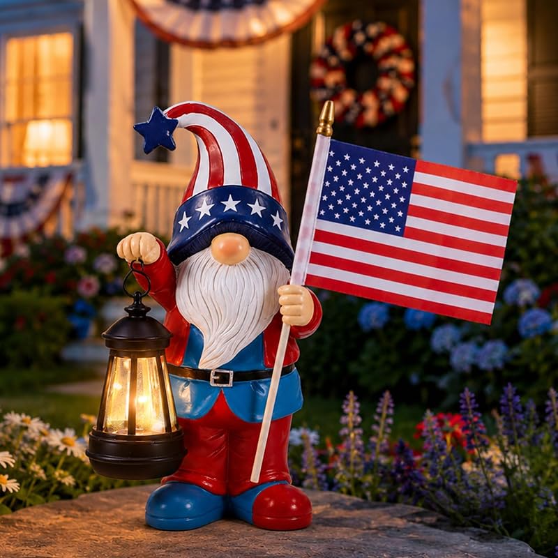 Solar Patriotic Gnomes Statues with Flag for Garden Decor | IP65 Waterproof,Outdoor Sculptures, Clearance Lights for Outside, Lawn Ornaments for Porch Patio Balcony Yard Home