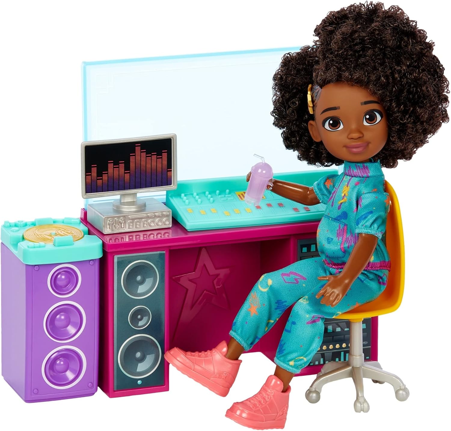 Mattel Karma’s World Making Rhymes Recording Studio 13-Piece Playset with Karma Doll (8.7-inch), Mixing Booth, Guitar, Collectible Record & More