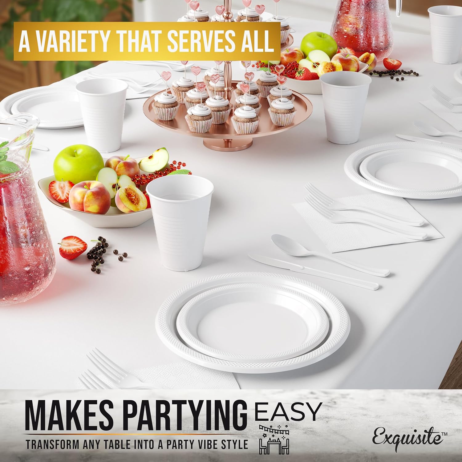 Party Solids 350 Pieces White Plastic Plates For Party, White Disposable Plates Set, 50 Of Each 9" Dinner Plate Set, 7" Dessert Plate, Cups, Napkins & Cutlery Plastic Dinnerware - Image 5