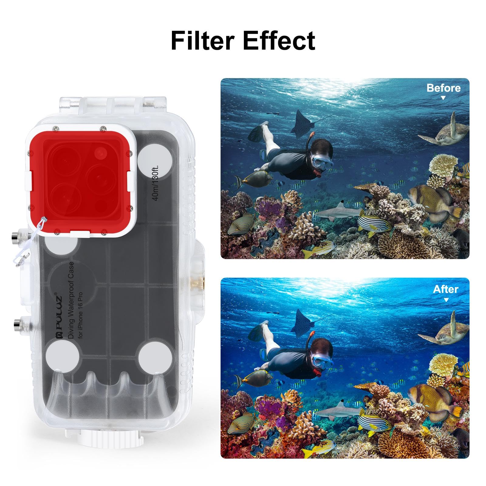 PULUZ Custodia impermeabile per iPhone 16 Pro, custodia protettiva 40 m, custodia subacquea per surf, snorkeling, kayak, trasparente