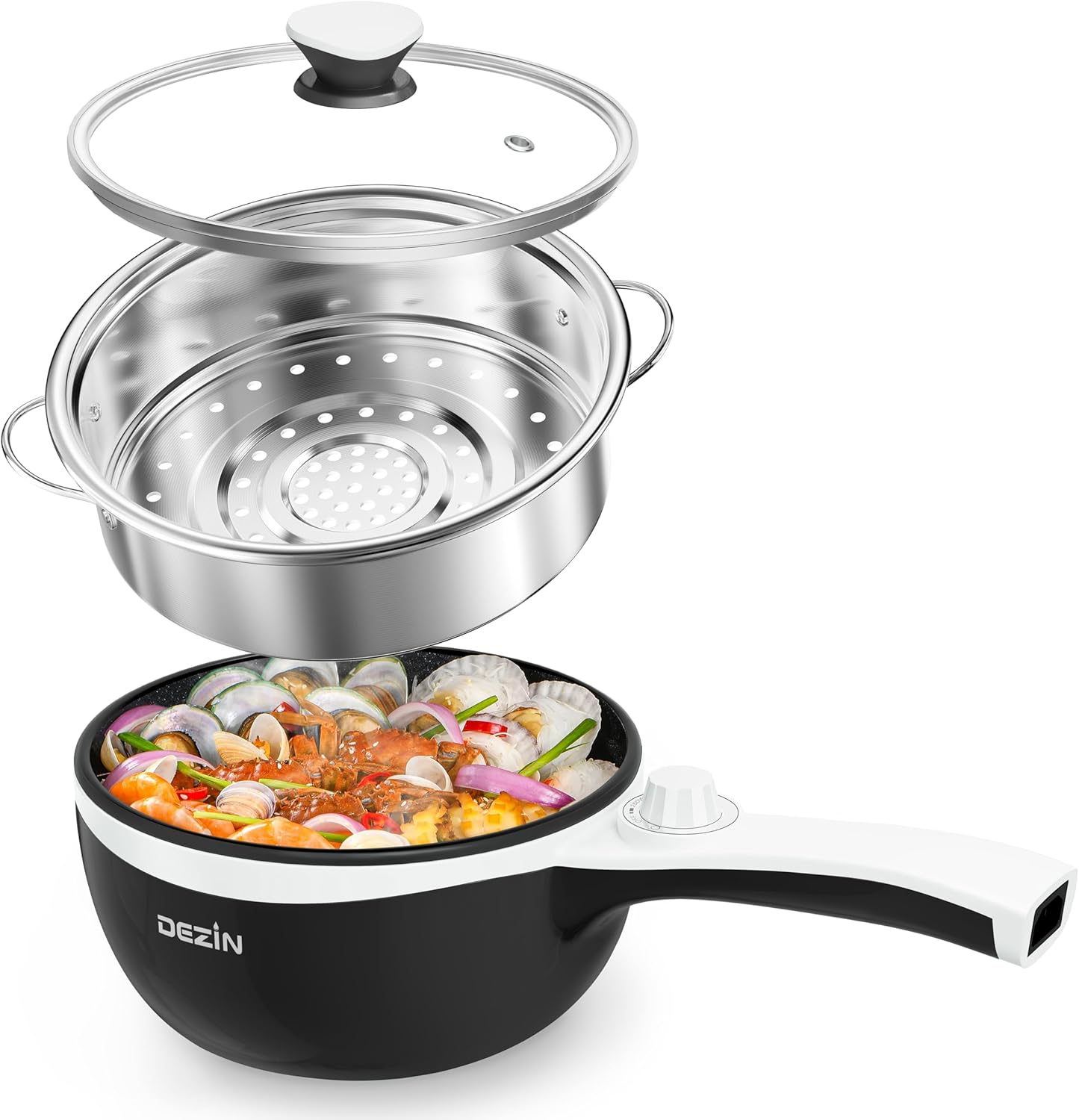 Dezin Hot Pot Electric with Steamer Upgraded, Non-Stick Sauté Pan, Rapid Noodles Electric Pot, 1.5L Mini Pot for Steak, Egg, Fried Rice, Ramen, Oatmeal, Soup with Power Adjustment