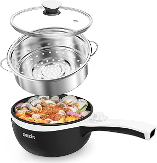 DEZIN 1.5L Electric Hot Pot with Steamer, Non-Stick Mini Cooker for Ramen, Steak, Eggs, Soup - Dual 250W/600W Power