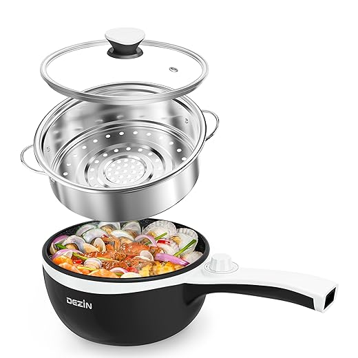Dezin Hot Pot Electric with Steamer Upgraded, Non-Stick Sauté Pan, Rapid Noodles Electric Pot, 1.5L Mini Pot for Steak, Egg, Fried Rice, Ramen, Oatmeal, Soup with Power Adjustment