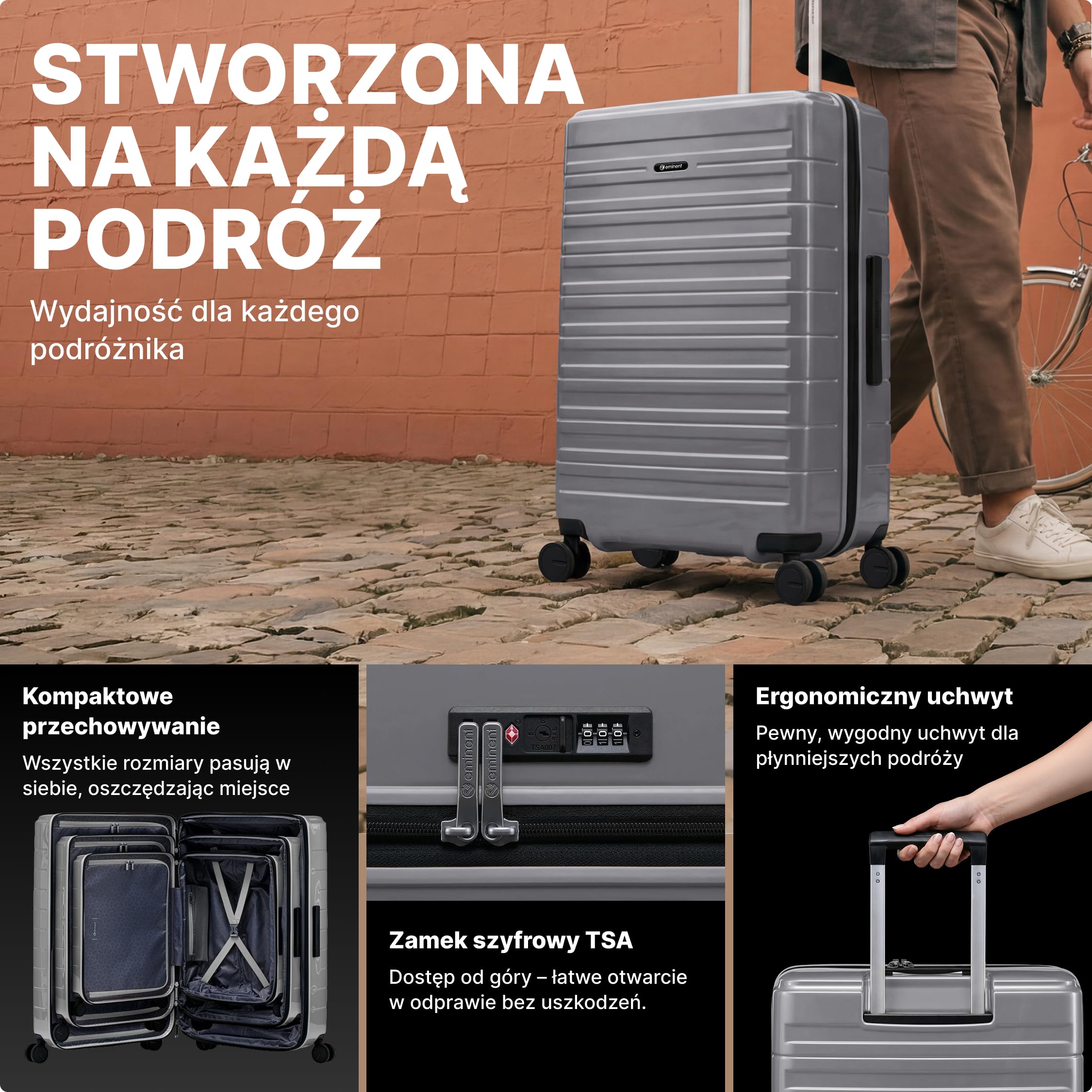Eminent Voyager Walizka Średnia Twarda, Trolley Podróżna na Kółkach | Walizka średnia podróżna, 3,4 kg, 71L, rozszerzana 67x44x26/30, zamek TSA, 4 kółka, bagaż rejestrowany, Srebrny