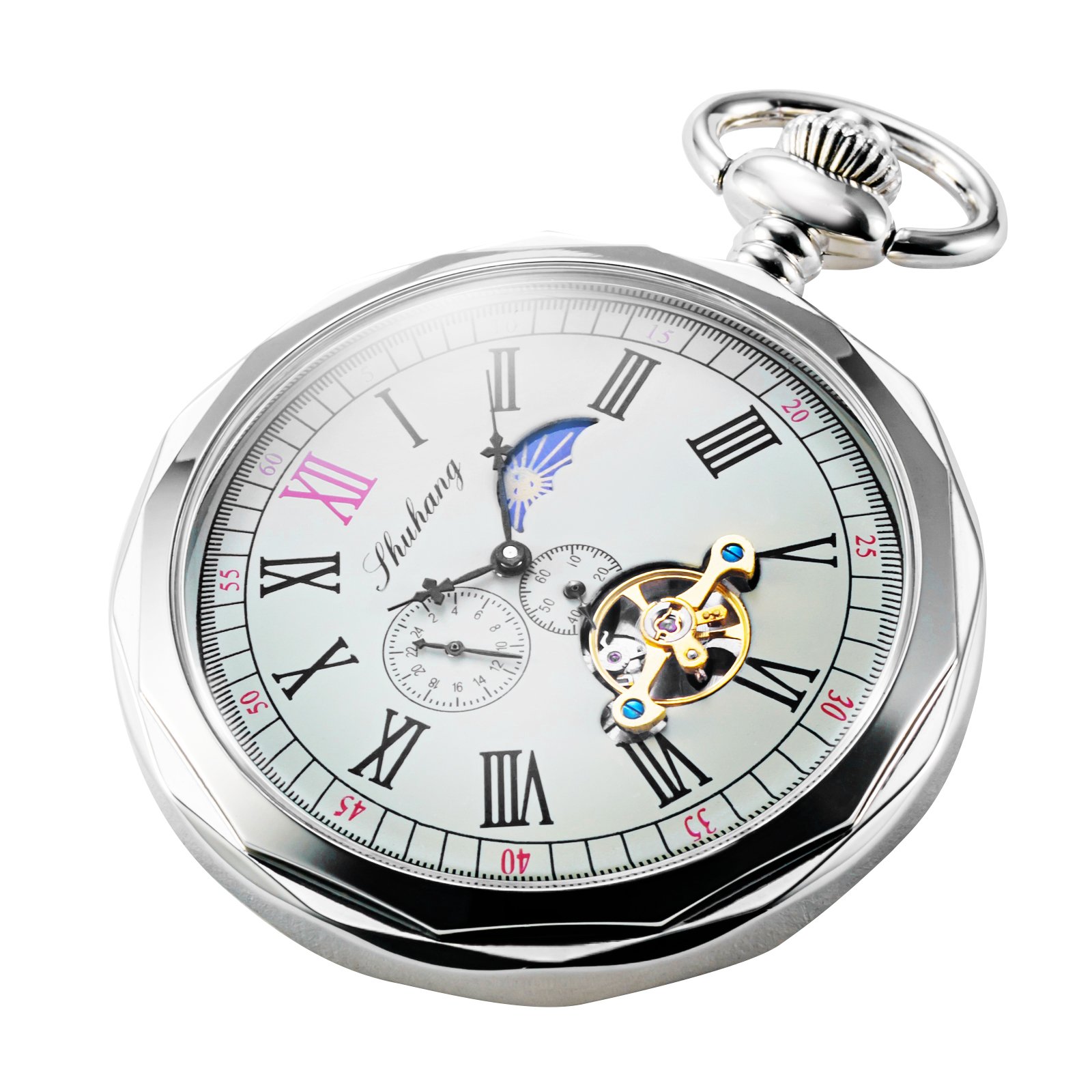 TREEWETO Mechanische Taschenuhr, römische Ziffern, offenes Zifferblatt mit Kette, 24 Stunden, Mond, Sonne + Box