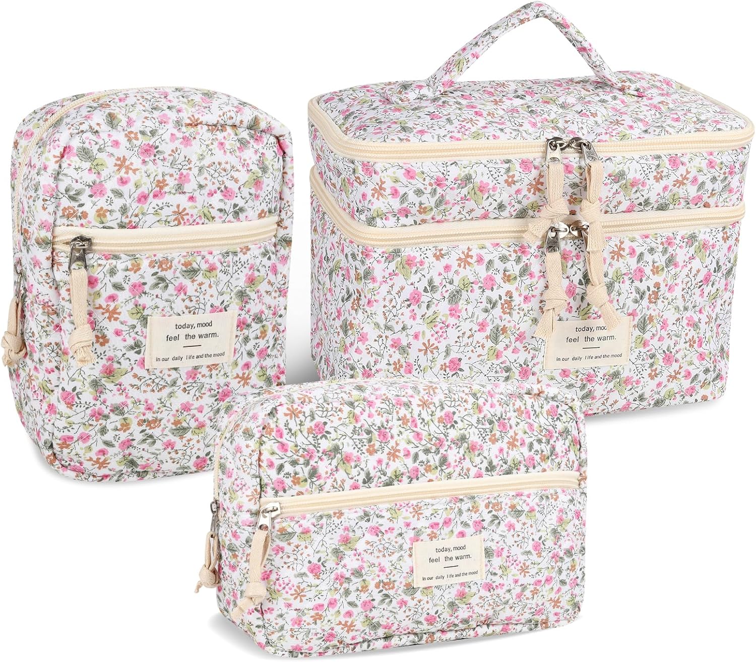 Anfly Makeup Bag, Quilted Cosmetic Bags, Large Floral Make Up Bag for Women, Cute Cotton Makeup Bag 3PC Set, Travel Toiletry Bag (Little Flowers)