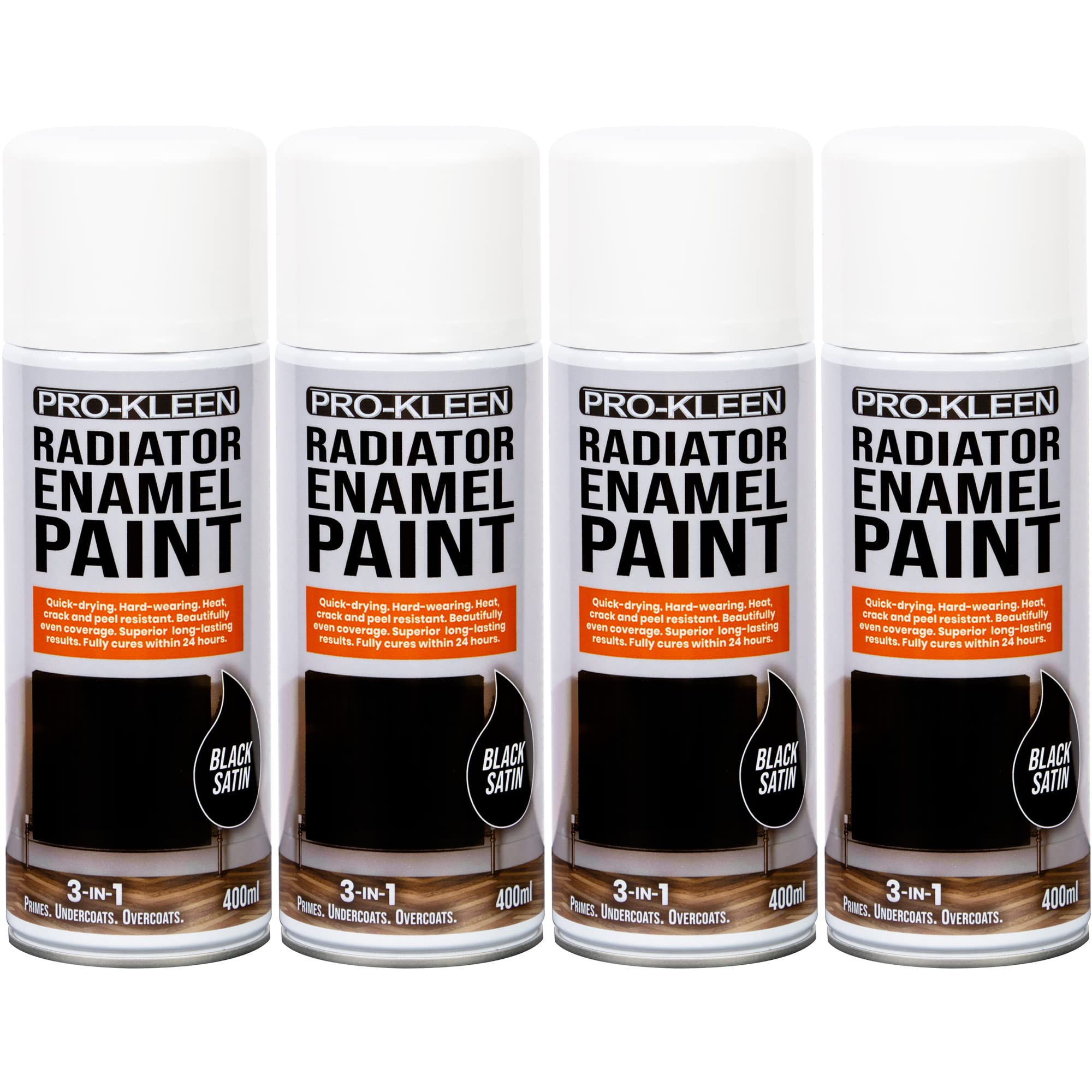 Pro-Kleen Radiator Enamel Spray Paint Black Satin 4 x 400ml - Heat Resistant up to 100ºC - For Radiators, Hot Pipes, Water Tanks & More - Fast Drying & No Primer Needed