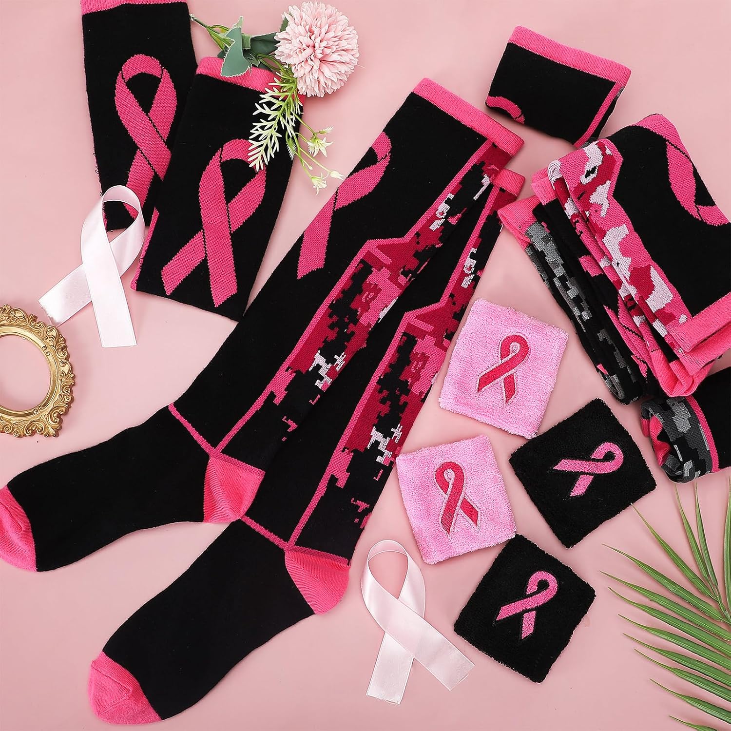 Suhine 12 Pairs Breast Cancer Awareness Socks Wristband Set 6 Pink Ribbon Thigh High Socks 6 Sweatband for Women Men Breast Cancer Awareness Pink out Day Football Softball Soccer Sport Accessories