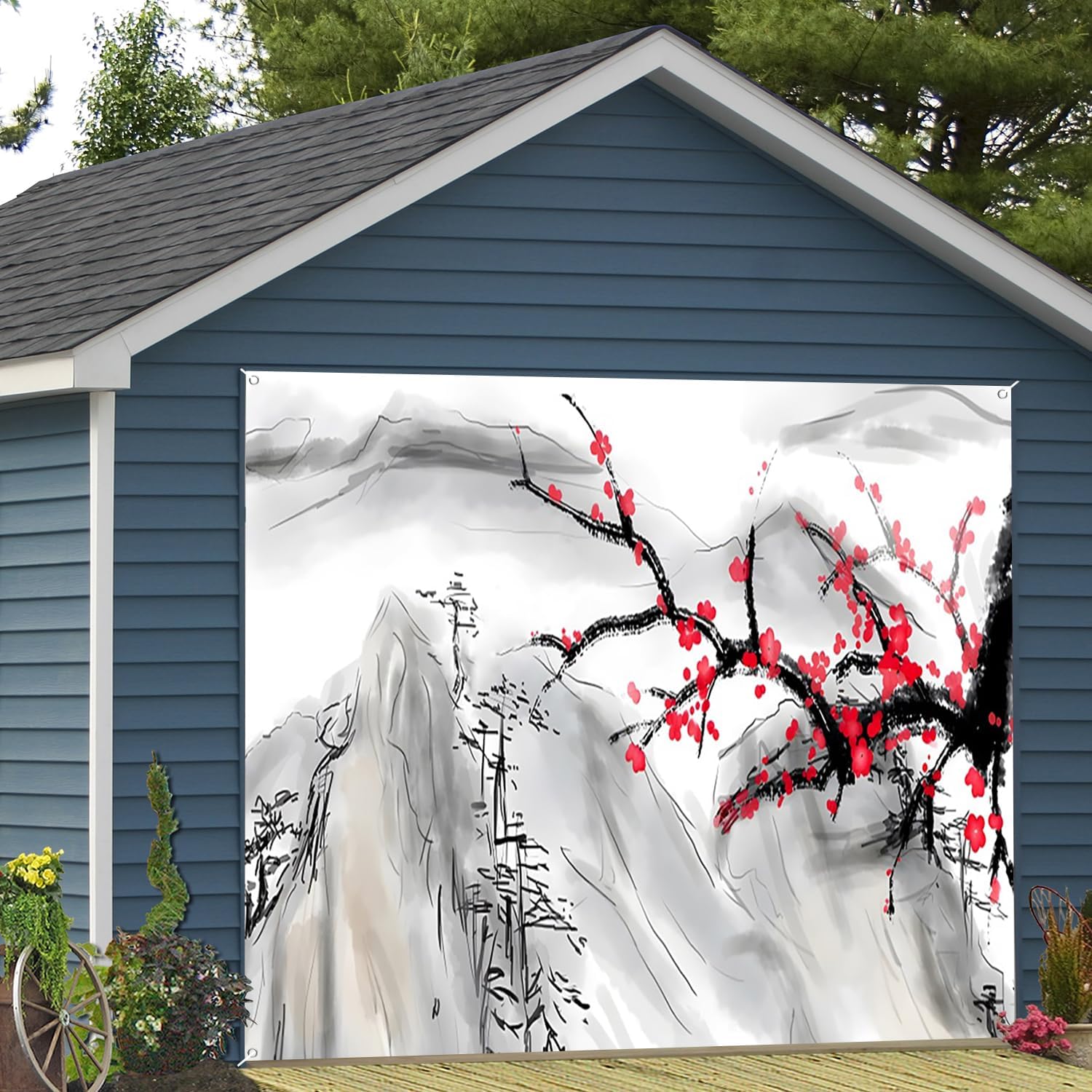 7x8ft Japanese Ink Painting Garage Door Decor Red Abstract Plum Blossom Branches Mountain Traditional Abstract Garage Door Background for Asian Japan Themed Decorative Banner