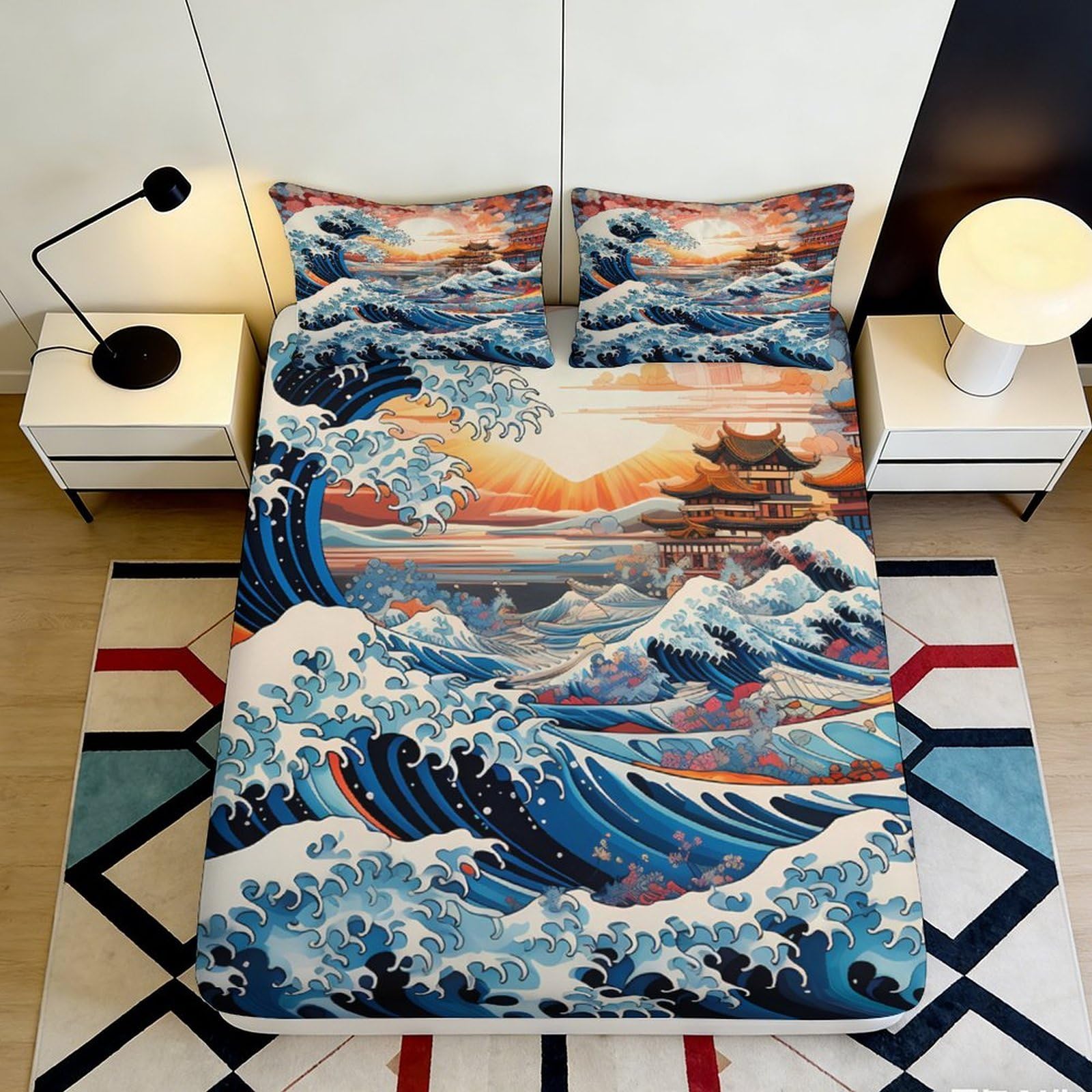 3D Printed Wave Sunset Fitted Sheet Microfiber Deep Pocket Non-Slip Ocean Mattress Fitted Cover for Bedroom 120x200x25cm