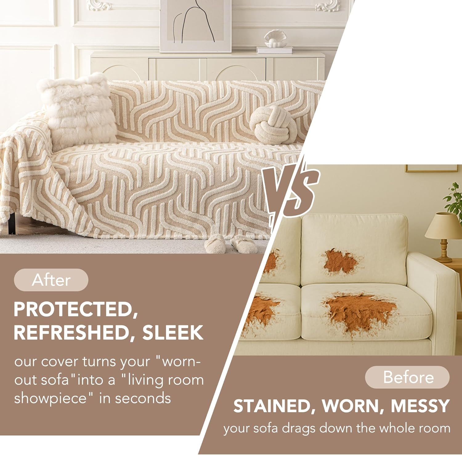 Non Slip Couch Covers for 2 Cushion, Scratch Resistant Pet Friendly Sofa Couch Covers for Dogs, Sherpa Velvet Protectors Slipcovers, Washable Furniture Covers, 71" x 102", Geometric Wave Beige