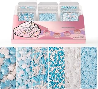 HUEBEATY 6-in-1 Edible Snowflake Sprinkles – Blue and White Winter Sprinkles for Cake Decorating, Cookies, Cupcakes & Baking | 6.36oz/180g | Frozen, Christmas, Holiday, and Winter Wonderland Decorations