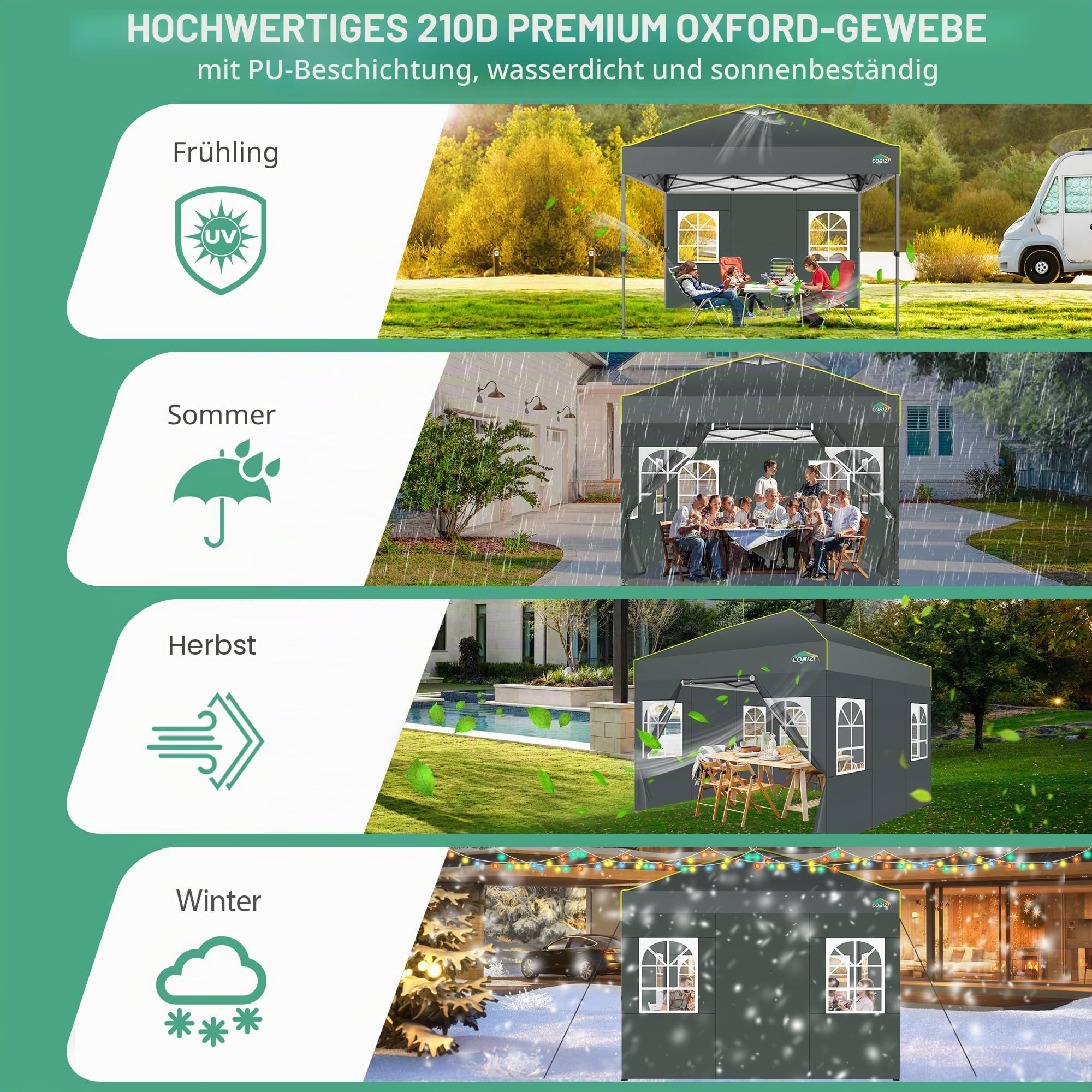 COBIZI Pavillon 3x3m Wasserdicht Stabil Winterfest Faltpavillon Partyzelt Gartenpavillon Pop Up Pavillon Klappbar Zelt mit 4 Seitenwnden Belüftungsöffnungen, Sandsack für Markt, Freien Event,Grau