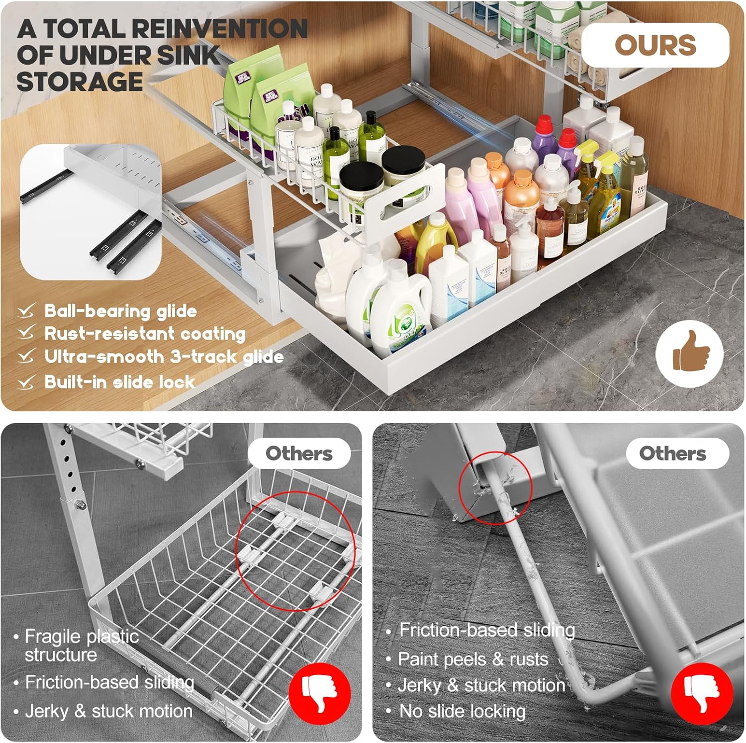 1 Pack Expandable Under Sink Organizers Storage With Upgrade Ball-Bearing Slide Tracks,2-Tier Pull Out Under Cabinet Organizer Height Adjustable,Not Suitable For Cabinets With Partitions In The Middle - Image 5