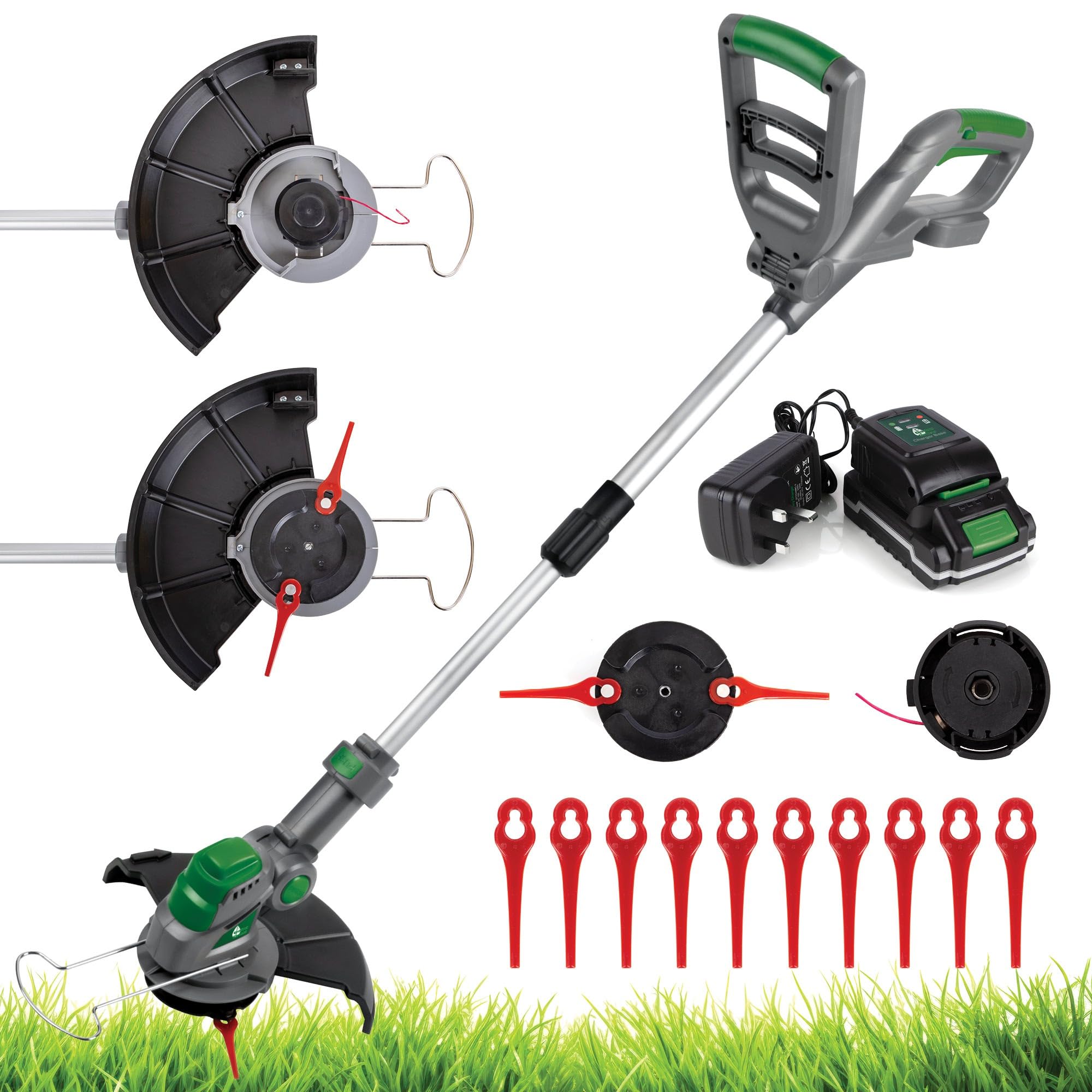 Gracious Gardens Cordless Strimmer 2-in-1, 18V Garden Strimmer, Lightweight Grass Cutter Machine 12x Blades, 1x Nylon Spool, Cordless Grass Trimmer with 1x Battery & Charger Included